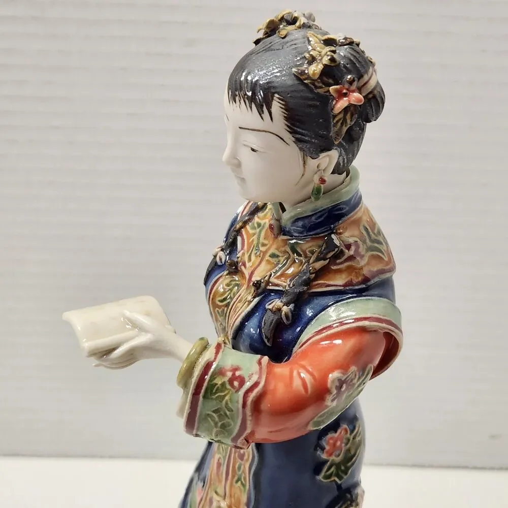 Shiwan Chinese Porcelain Standing Court Lady Figurine Reading Book Scroll EUC